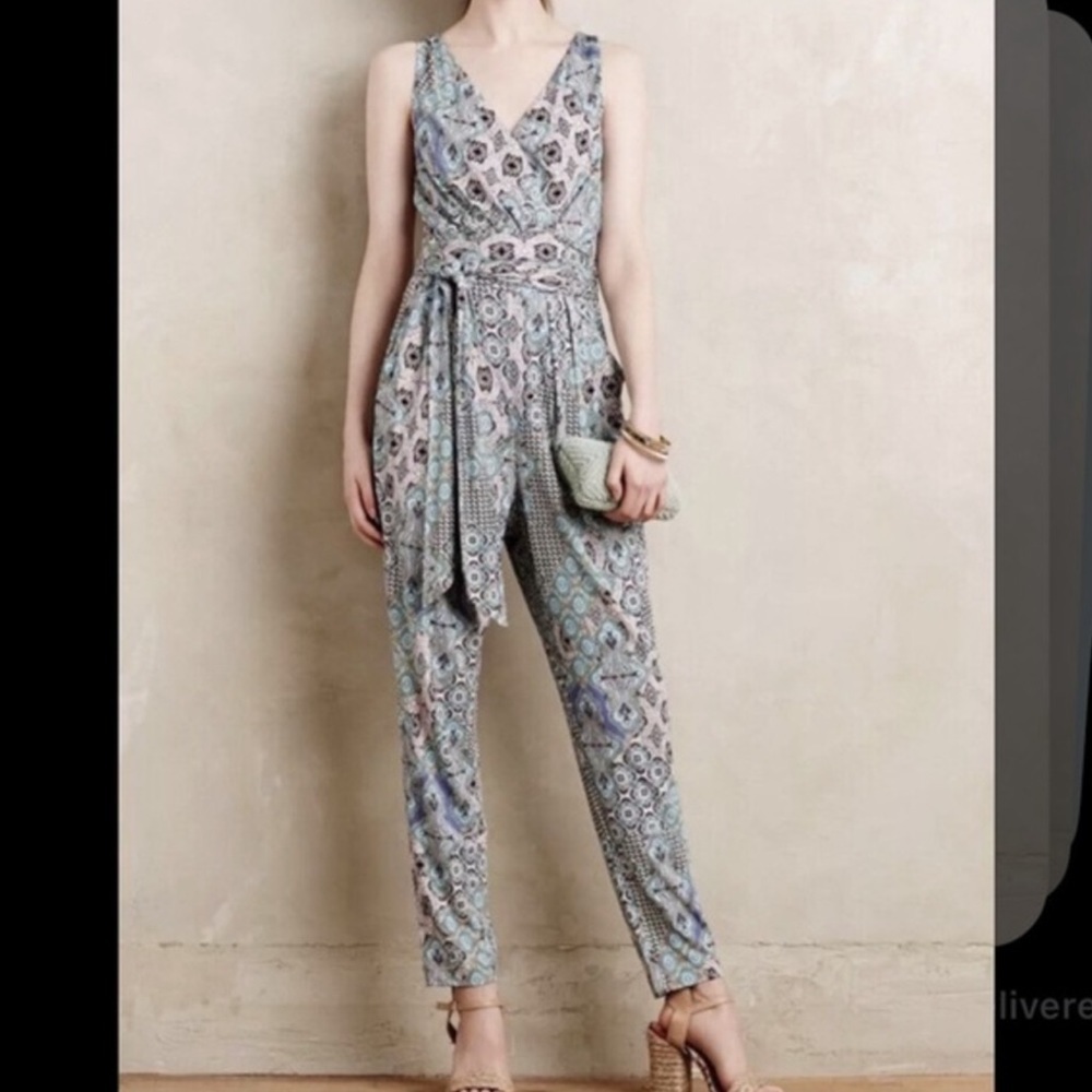 Anthropologie Elevenses Jumpsuit Womens Size Medium Tie Waist Paisley